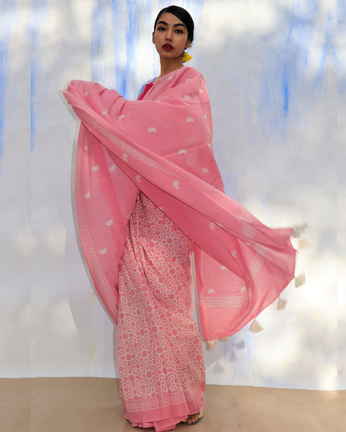 Moon Child Hand Block Printed Cotton Saree